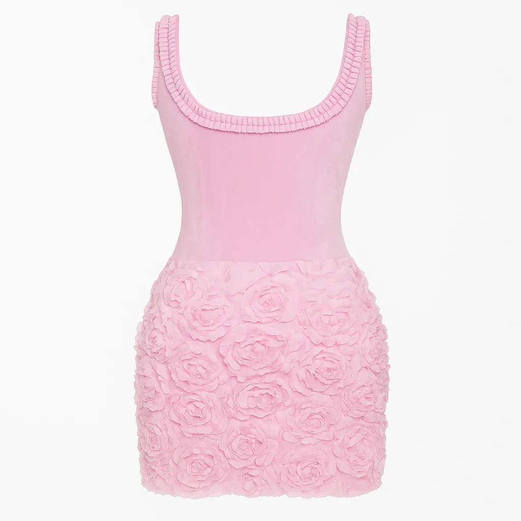 Pink Textured Ruffle Drop Waist Mini Dress - Floral Details