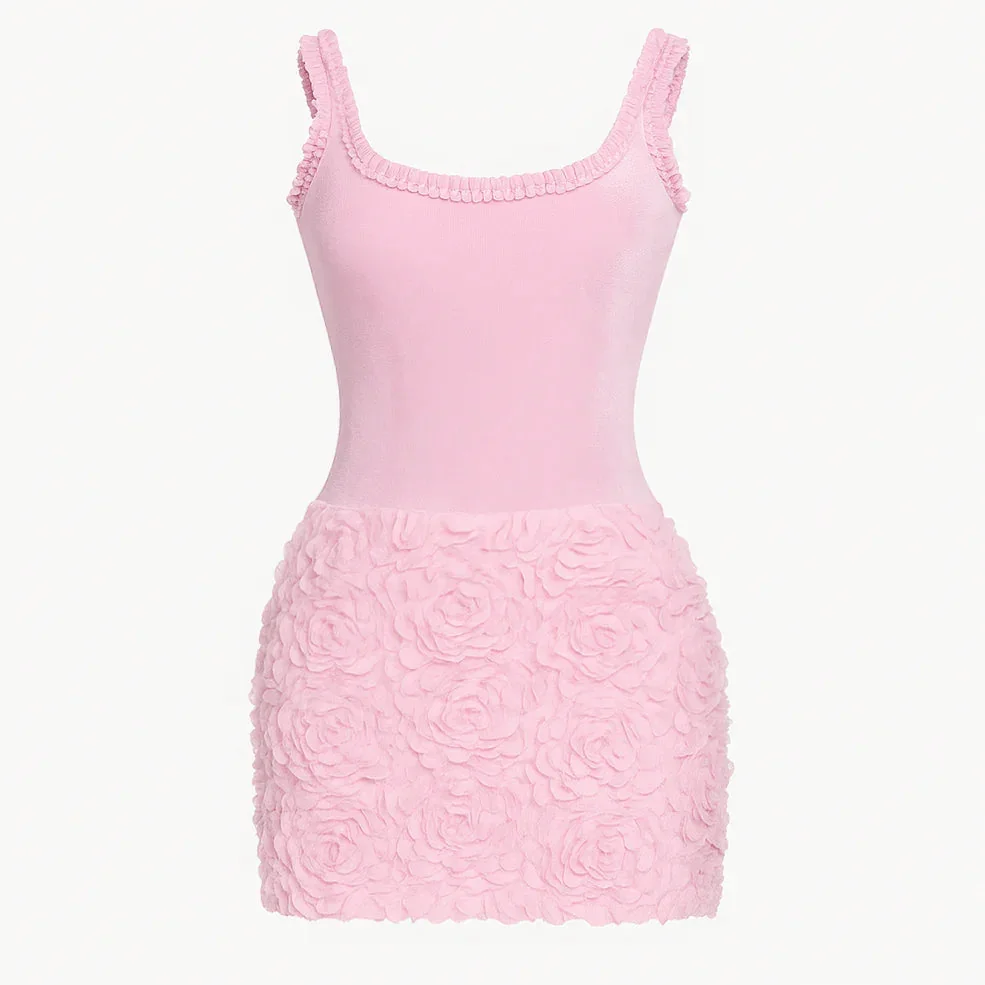 Pink Textured Ruffle Drop Waist Mini Dress - Floral Details