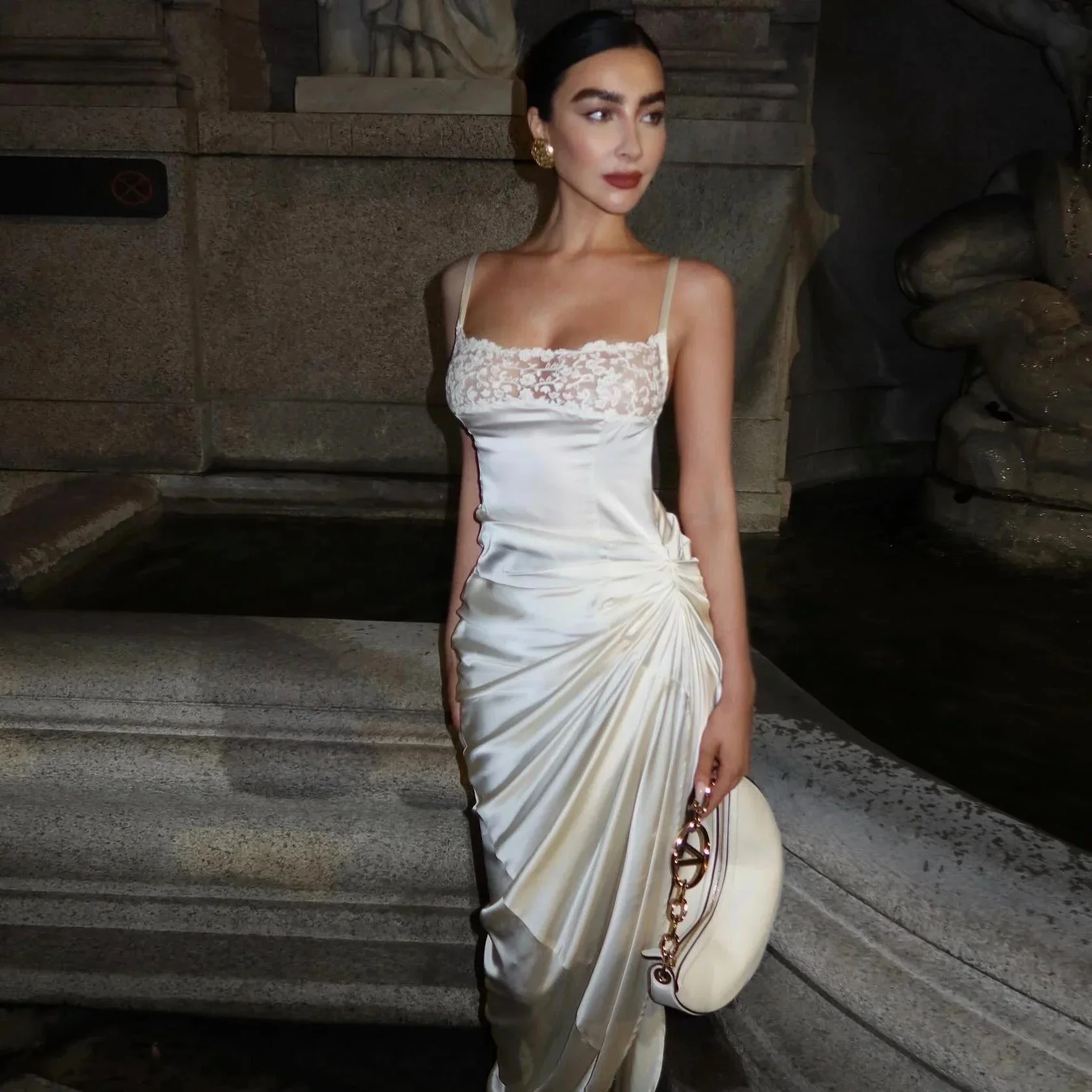 White Satin Maxi Dress with Lace Detail - Elegant Evening Gown