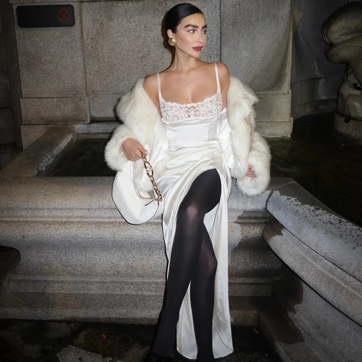 White Satin Maxi Dress with Lace Detail - Elegant Evening Gown