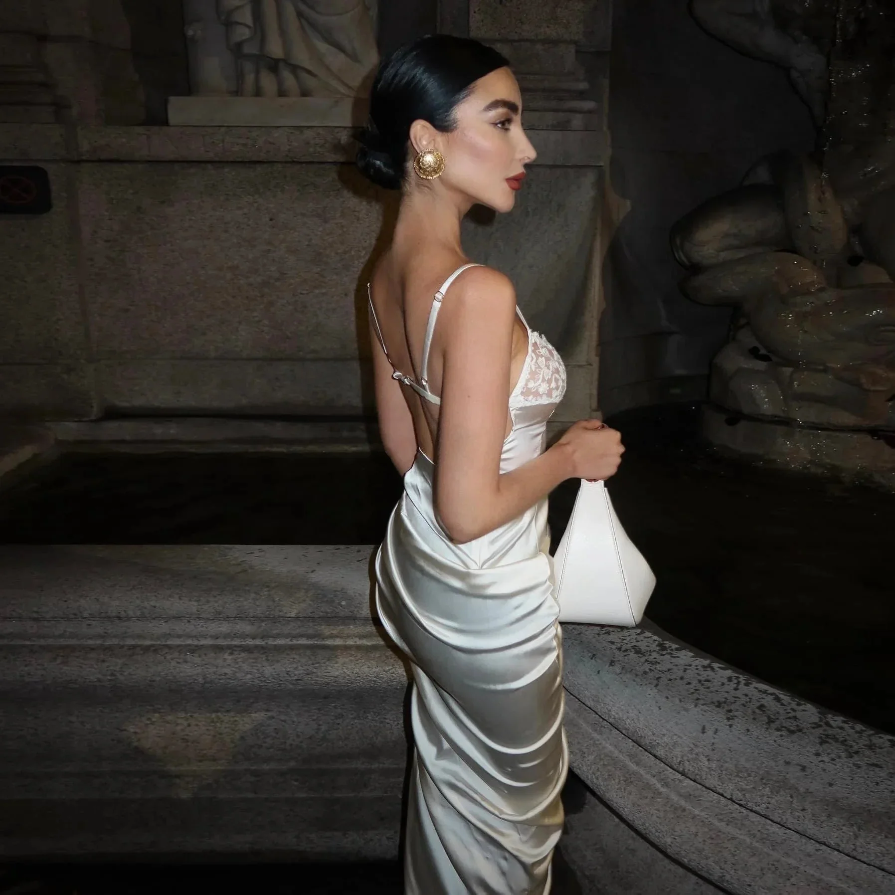 White Satin Maxi Dress with Lace Detail - Elegant Evening Gown