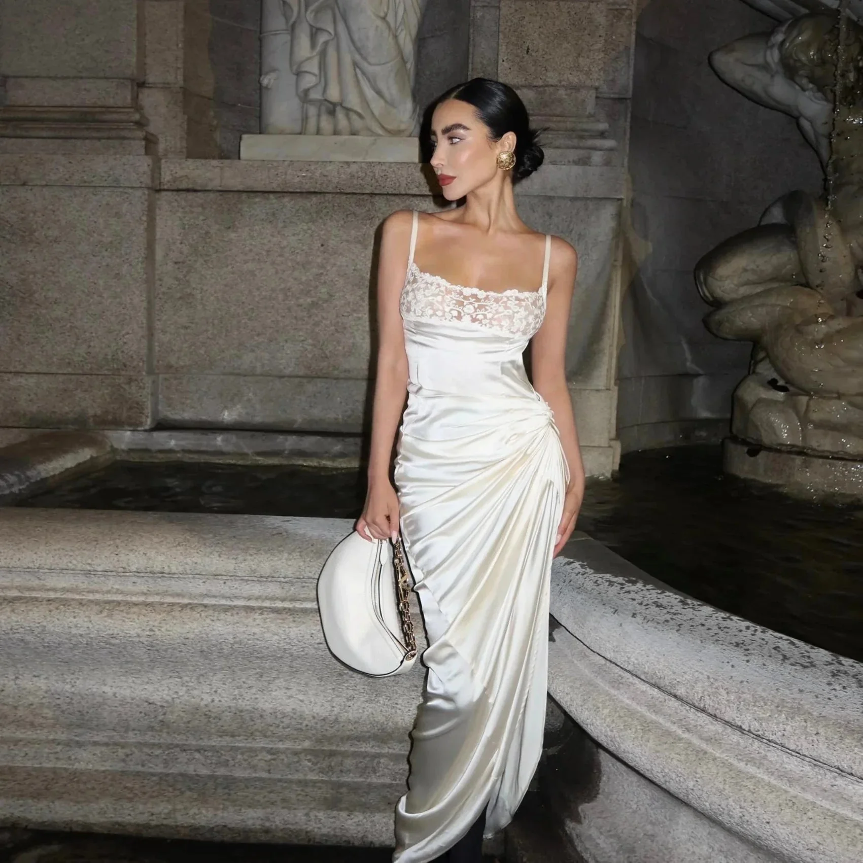 White Satin Maxi Dress with Lace Detail - Elegant Evening Gown