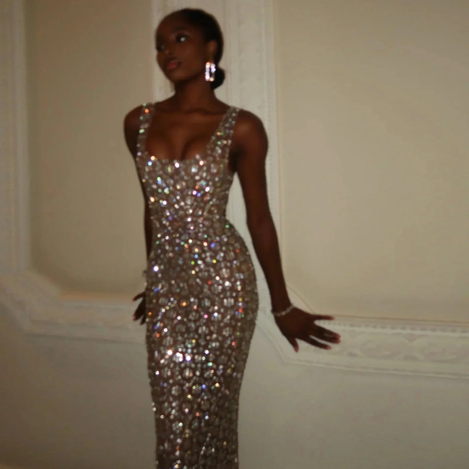 Crystal Mesh Sleeveless Maxi Dress - Handmade Evening Gown