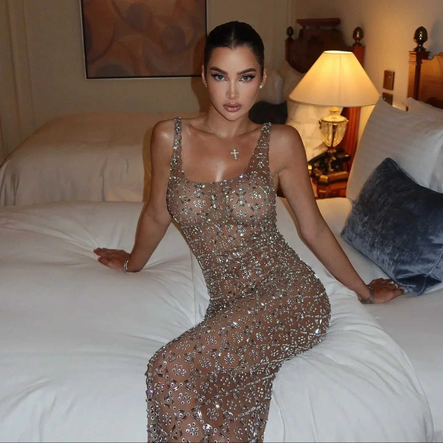 Crystal Mesh Sleeveless Maxi Dress - Handmade Evening Gown