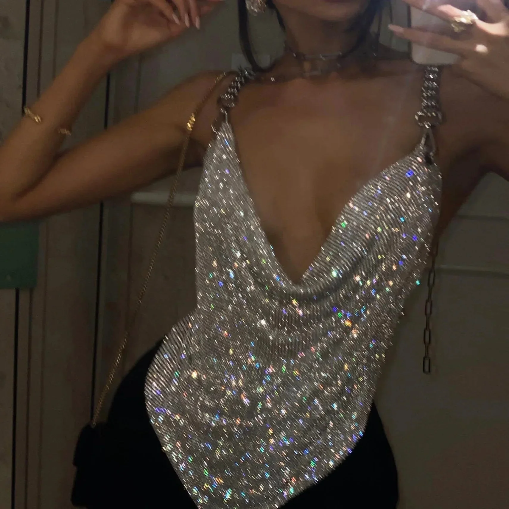 Silver Diamond Mesh Chain Crop Top
