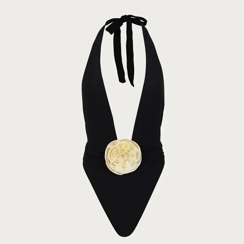 Elegant Rosette V Halter One Piece Swimsuit - Heatwave Collection