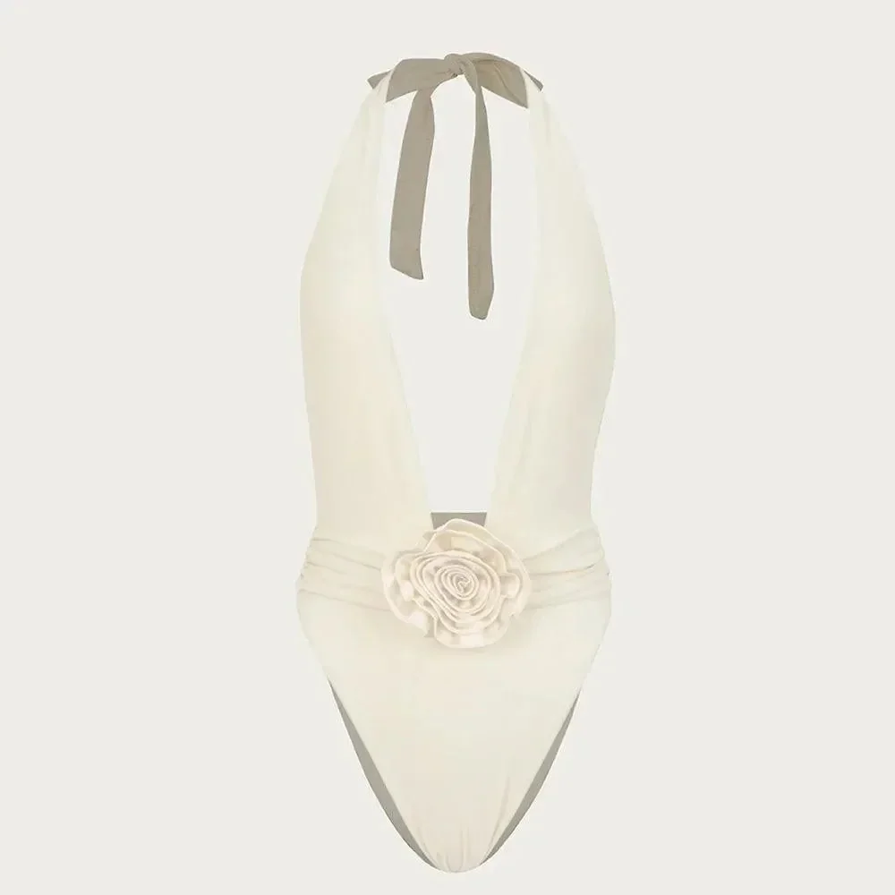 Elegant Rosette V Halter One Piece Swimsuit - Heatwave Collection