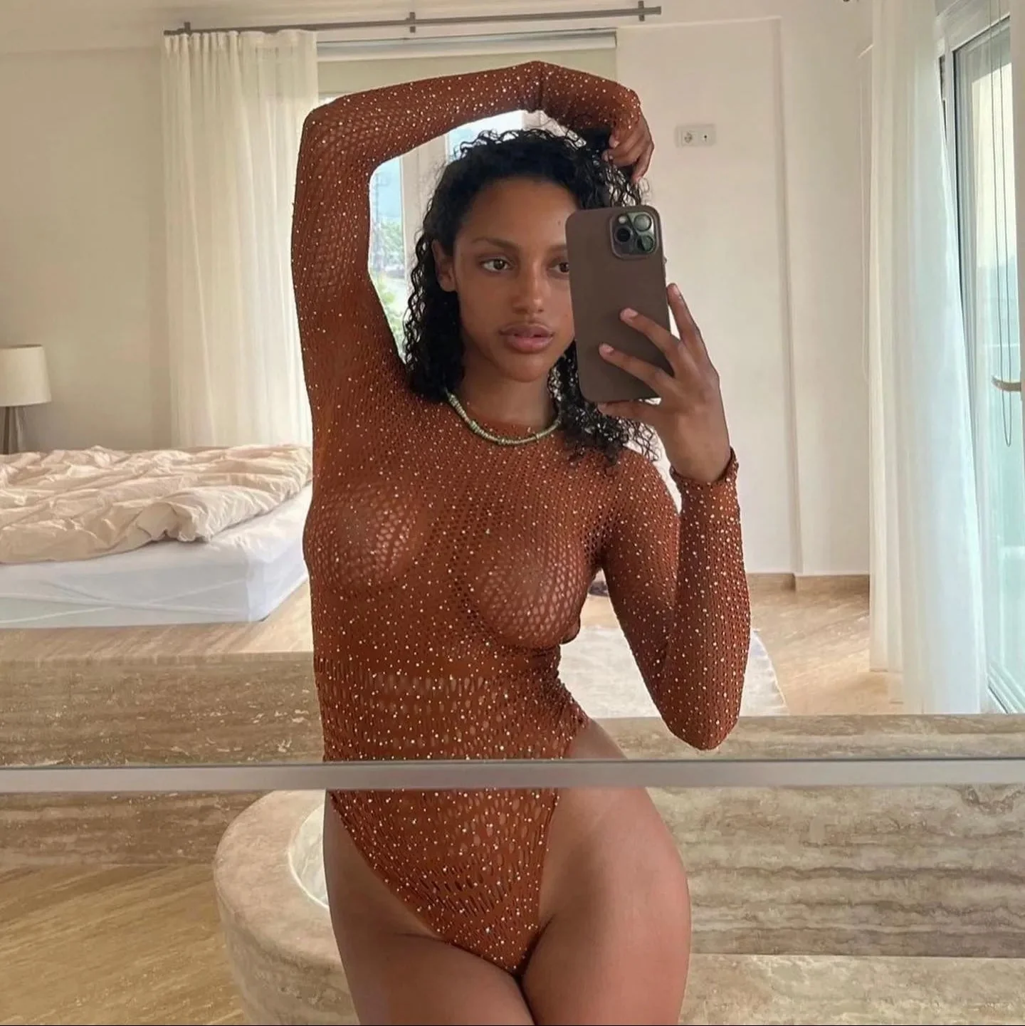 Backless Rhinestone Embellished Bodysuit for Girls