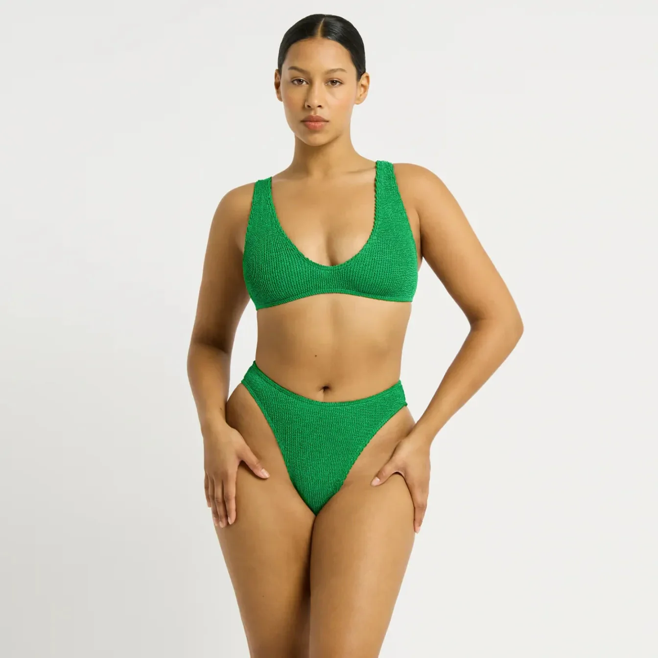 High Waist Dark Green Ribbed Bikini for Women