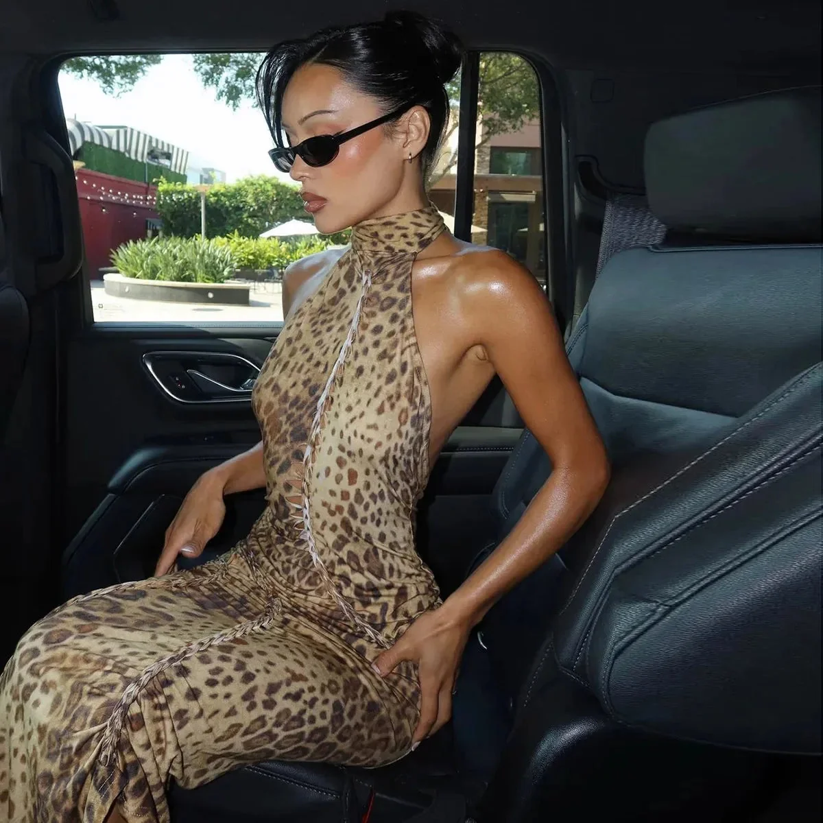 Leopard Print Backless Maxi Dress - Elegant Tropical Style