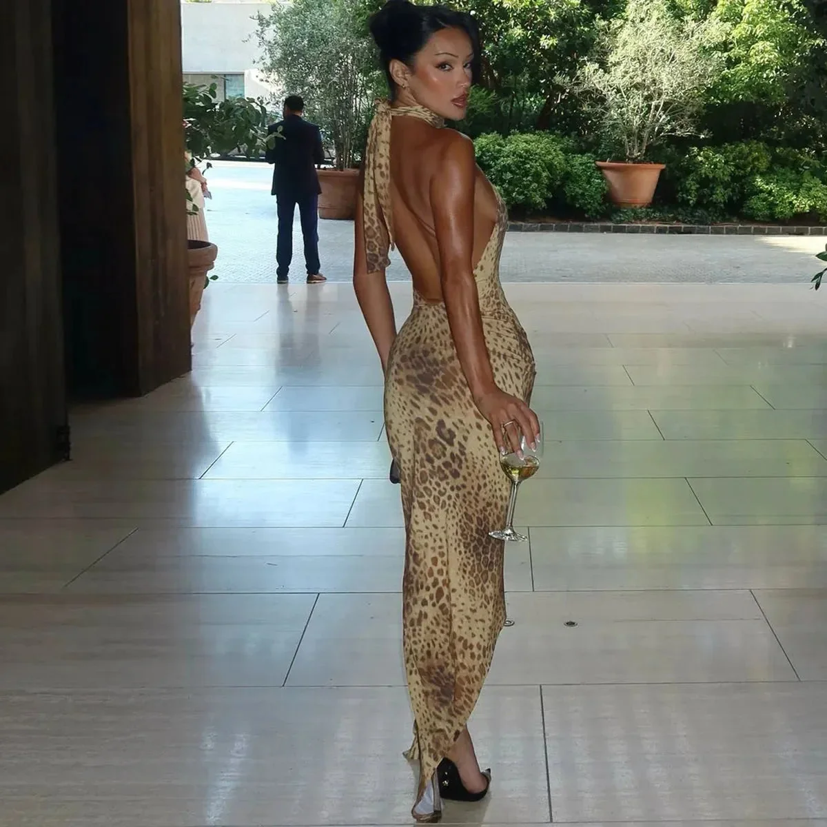 Leopard Print Backless Maxi Dress - Elegant Tropical Style