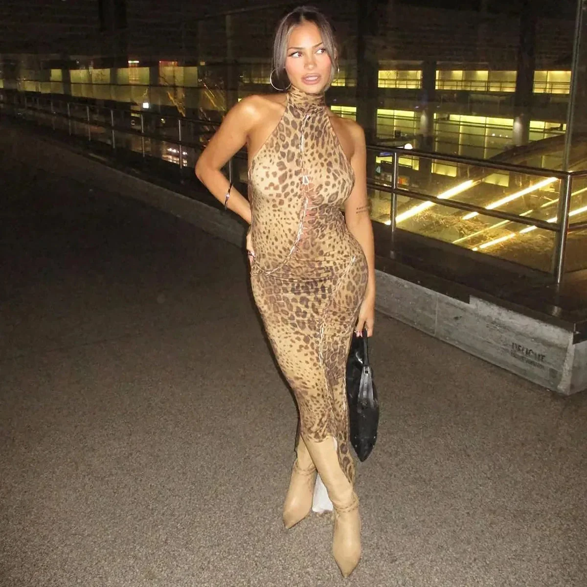 Leopard Print Backless Maxi Dress - Elegant Tropical Style