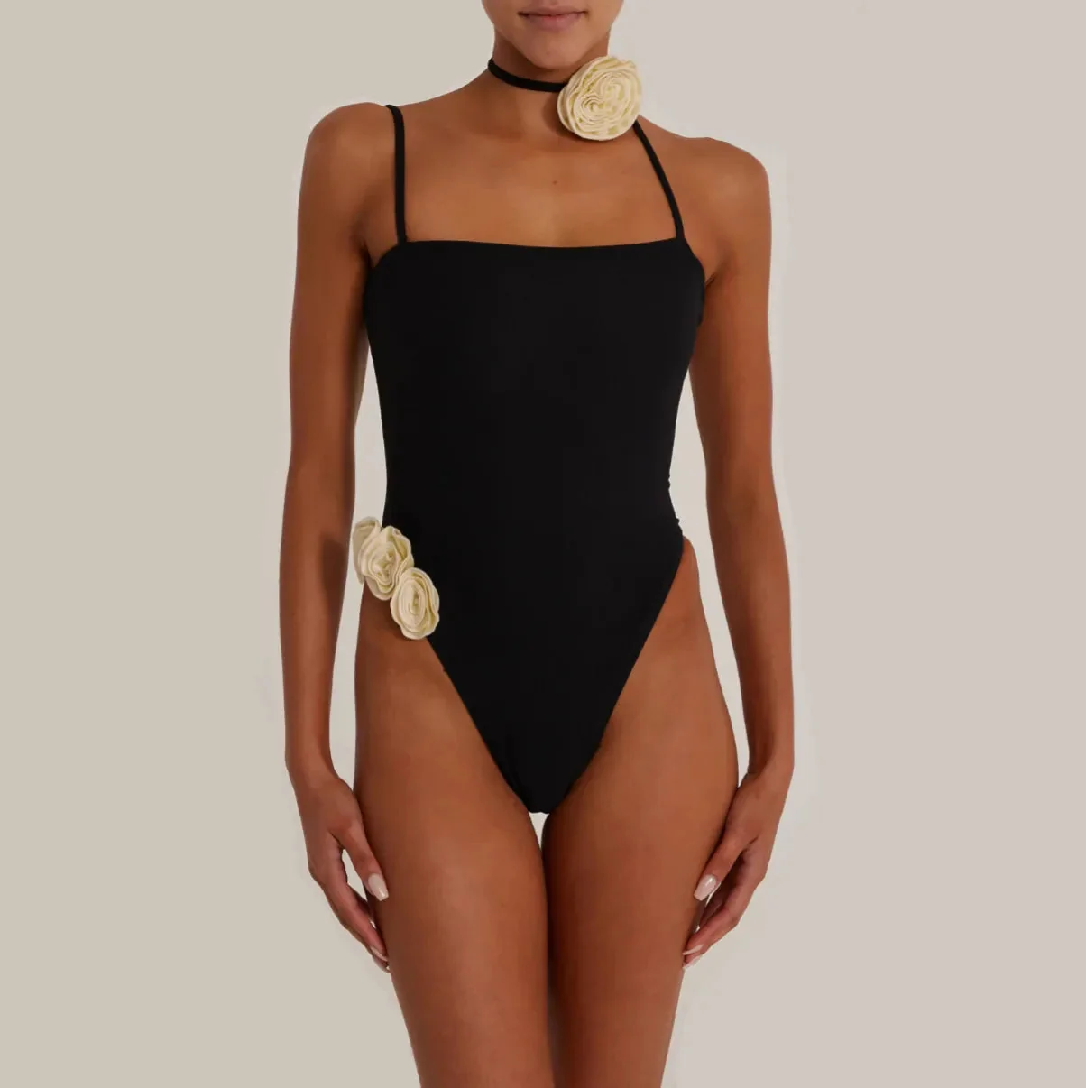 Elegant Rose Embellished One-Piece Swimsuit in Ivory or Black & Cream