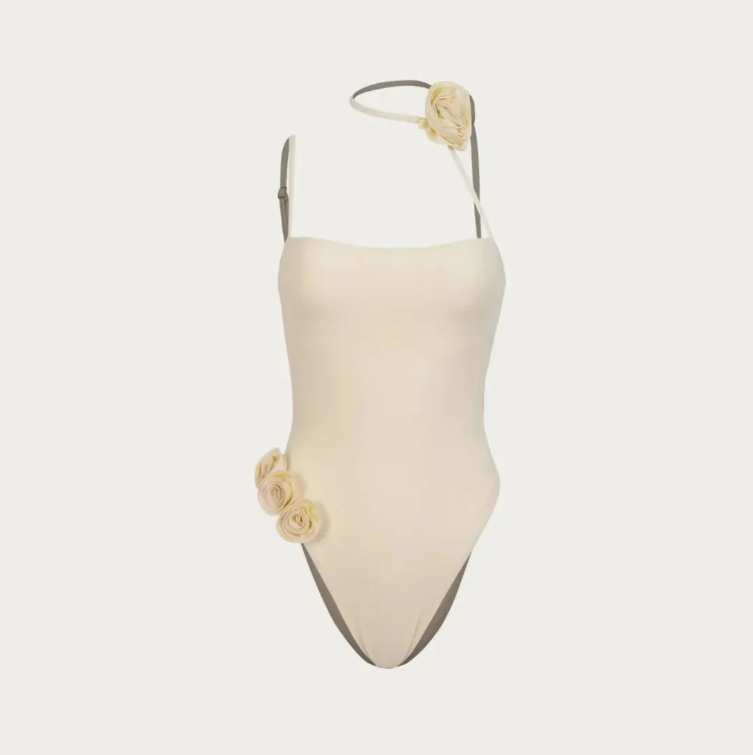 Elegant Rose Embellished One-Piece Swimsuit in Ivory or Black & Cream