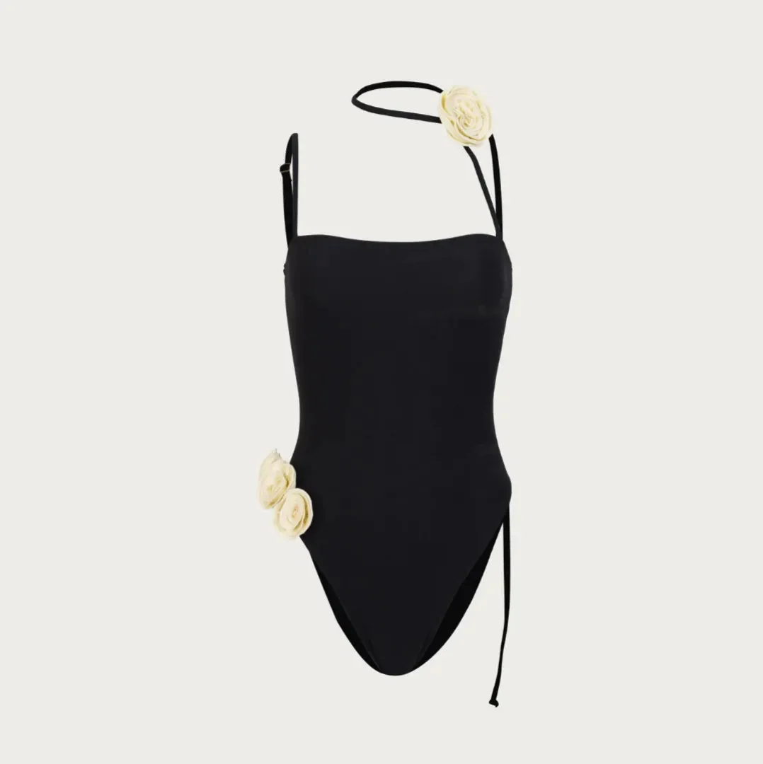 Elegant Rose Embellished One-Piece Swimsuit in Ivory or Black & Cream