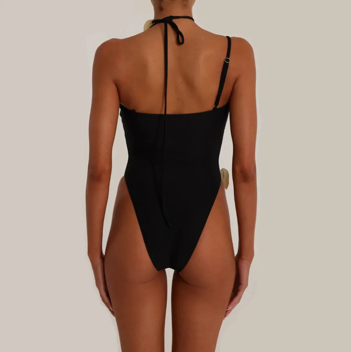 Elegant Rose Embellished One-Piece Swimsuit in Ivory or Black & Cream