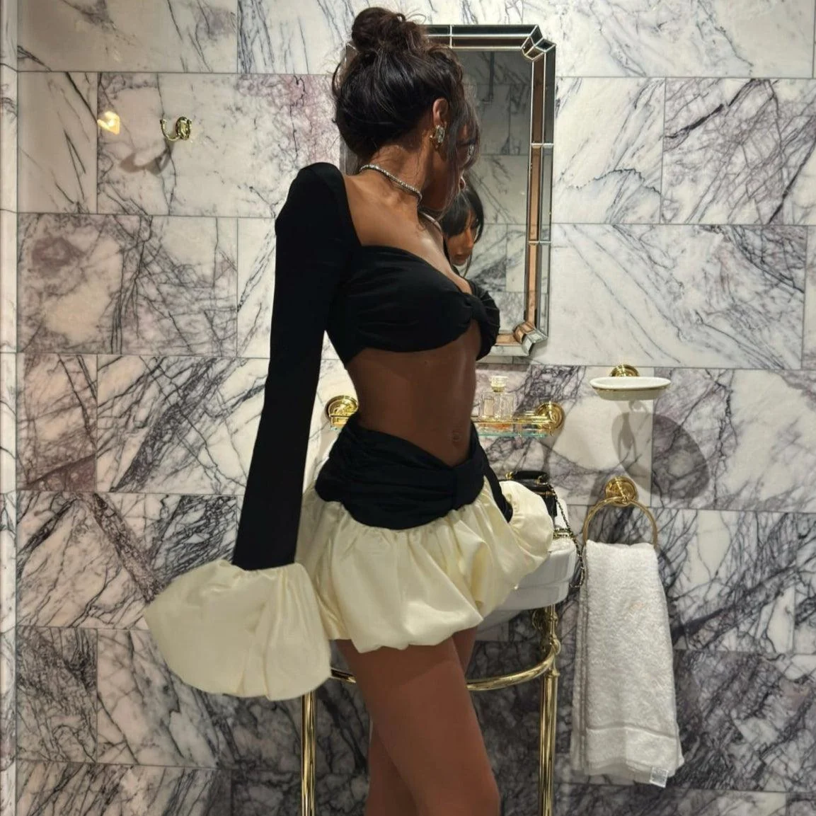 Ruffled Two Piece Set Long Sleeve Elegant Black Cream