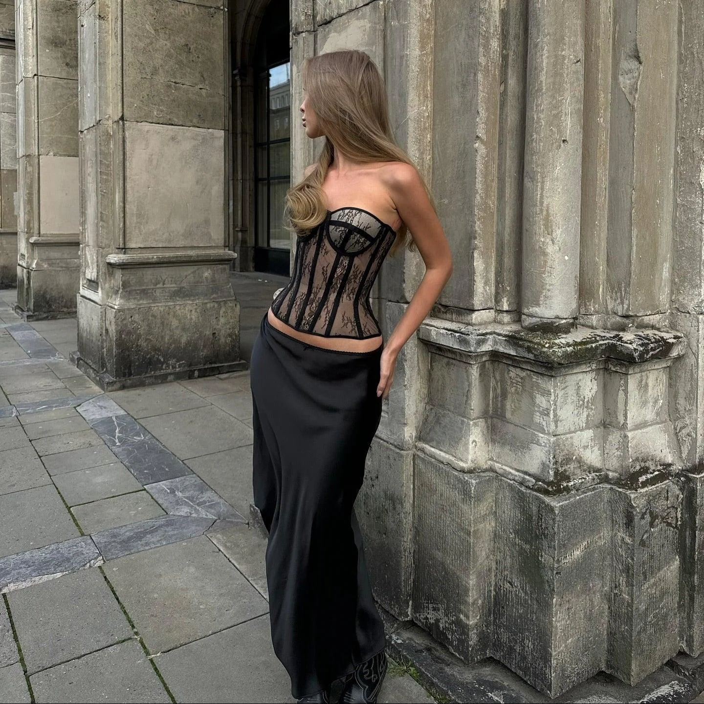 Black Sheer Lace Corset Crop Top