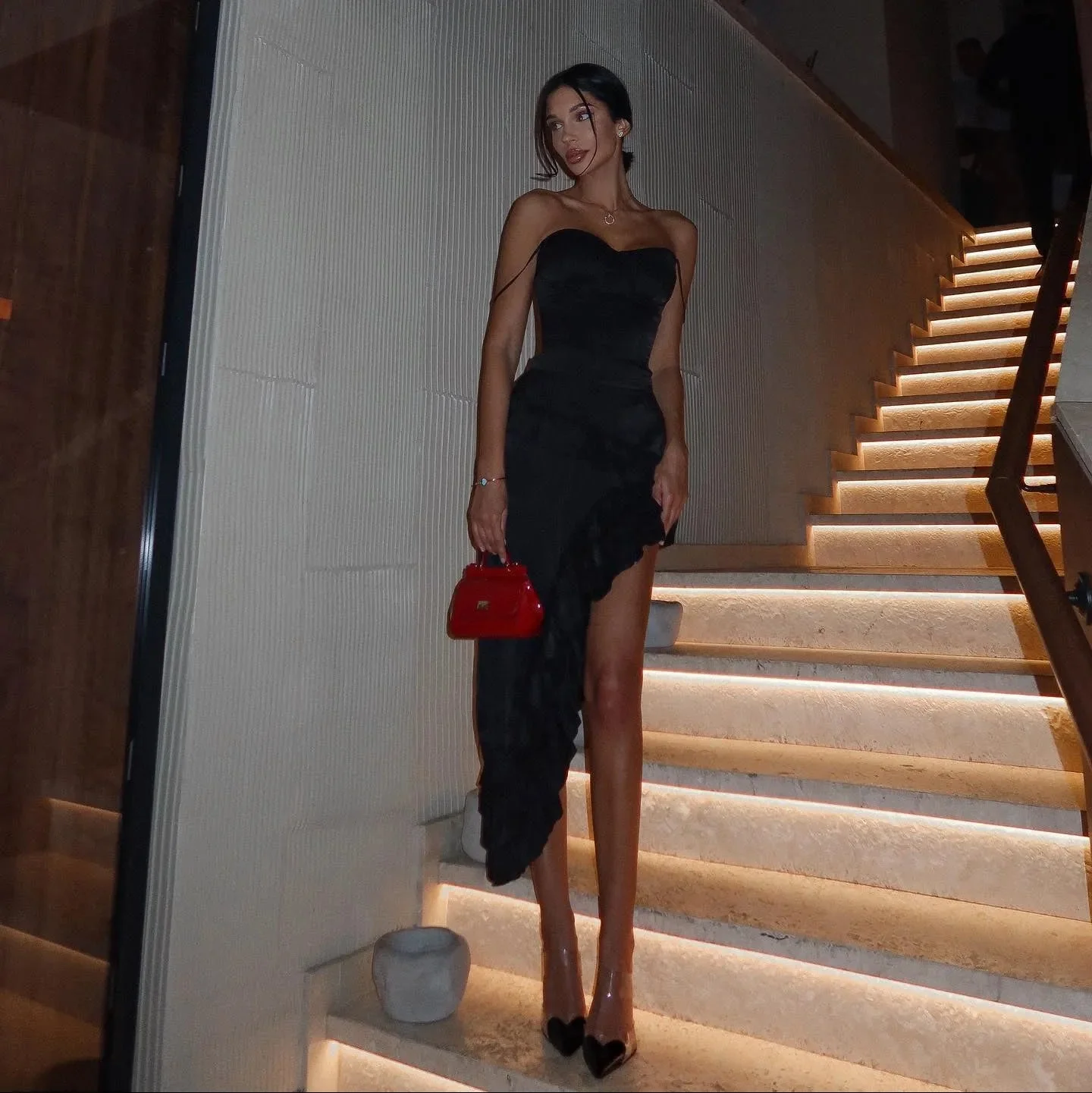 Black Asymmetric Ruffled Midi Dress