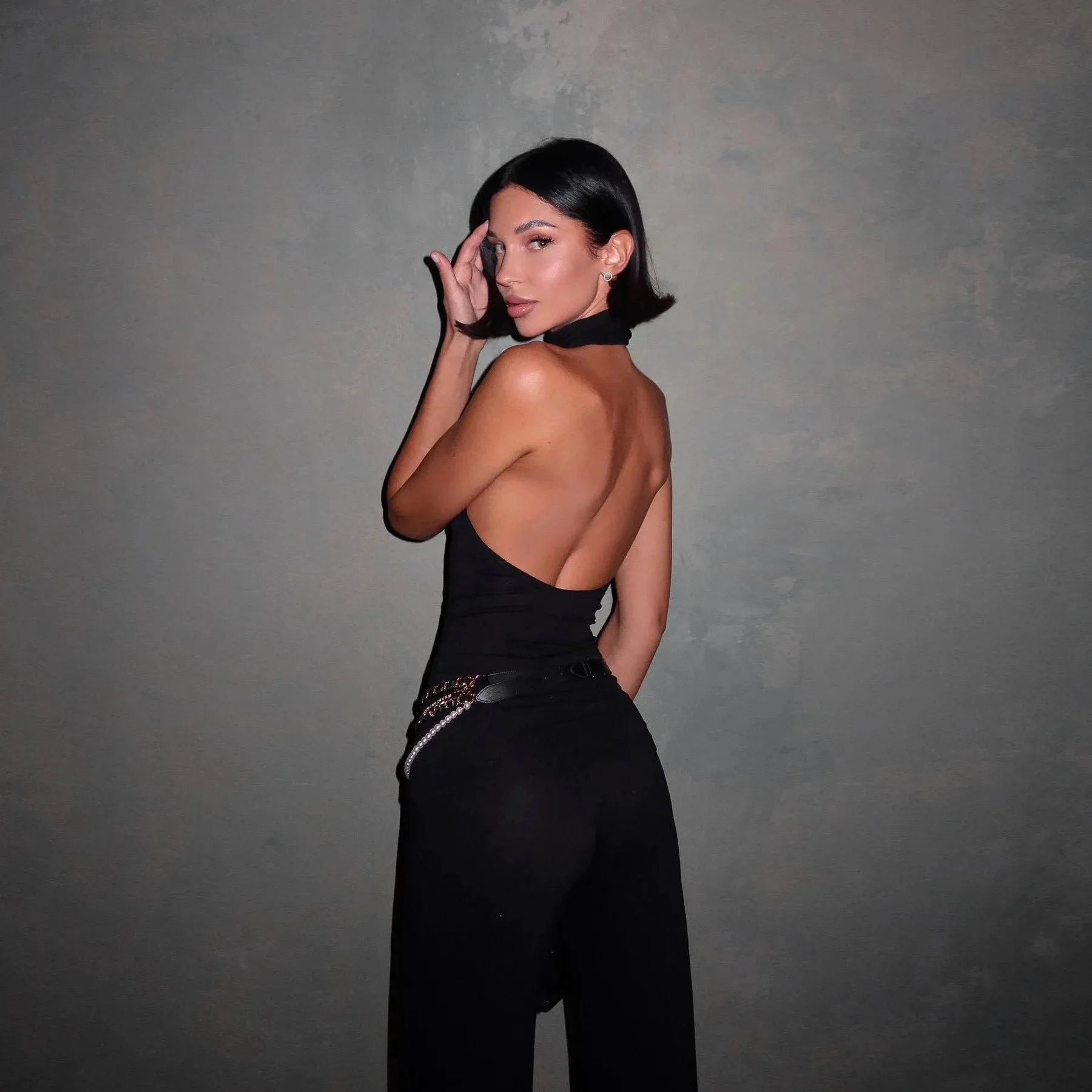 Black Backless Top and Flare Pants Set