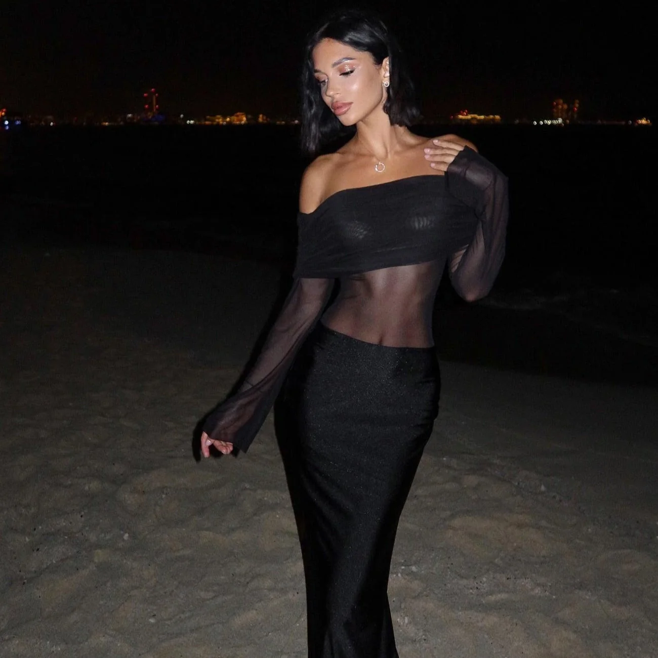 Black Mesh Off Shoulder Maxi Dress