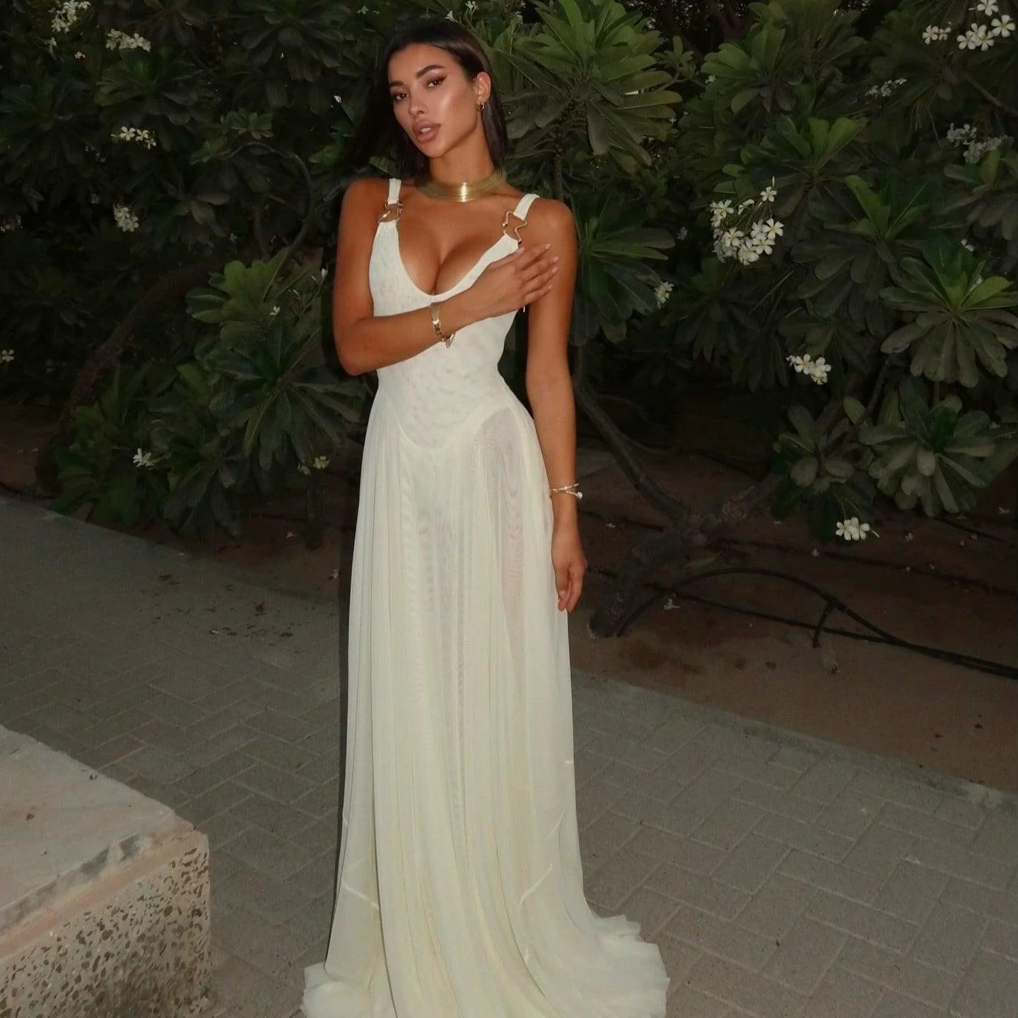 Elegant Mesh Maxi Dress in Black and Ivory - Statement Shoulder Straps