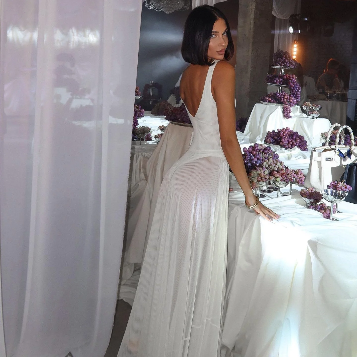 Elegant Mesh Maxi Dress in Black and Ivory - Statement Shoulder Straps