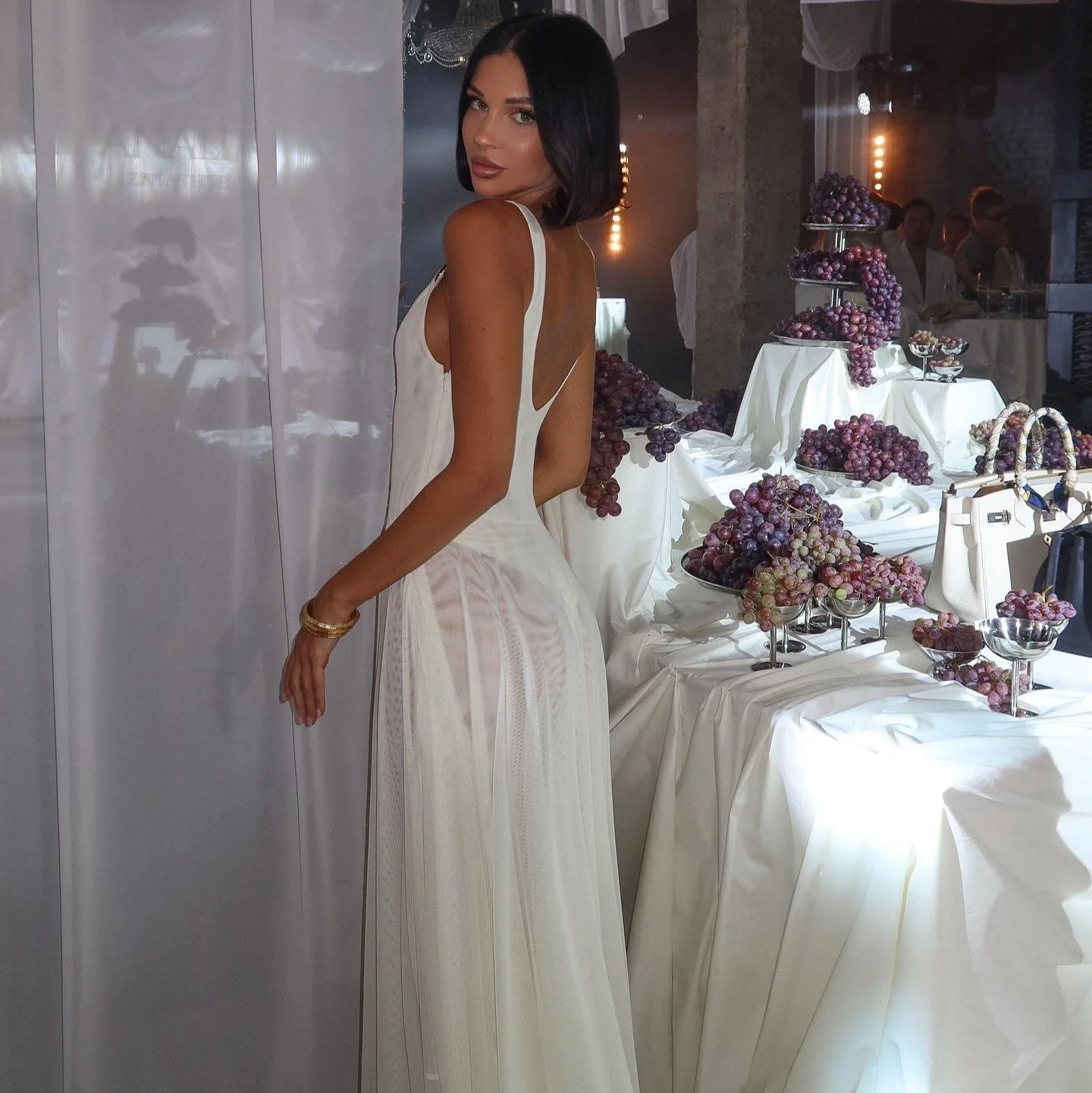 Elegant Mesh Maxi Dress in Black and Ivory - Statement Shoulder Straps