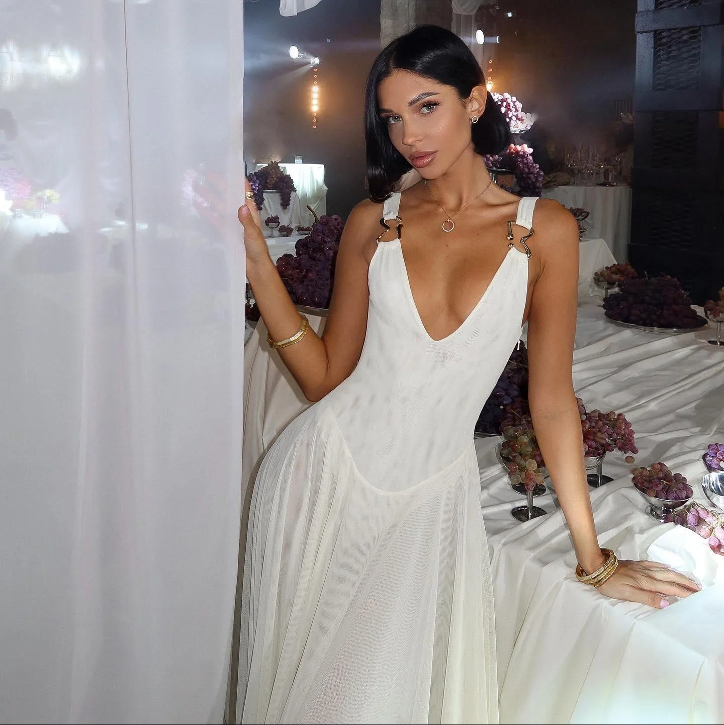 Elegant Mesh Maxi Dress in Black and Ivory - Statement Shoulder Straps