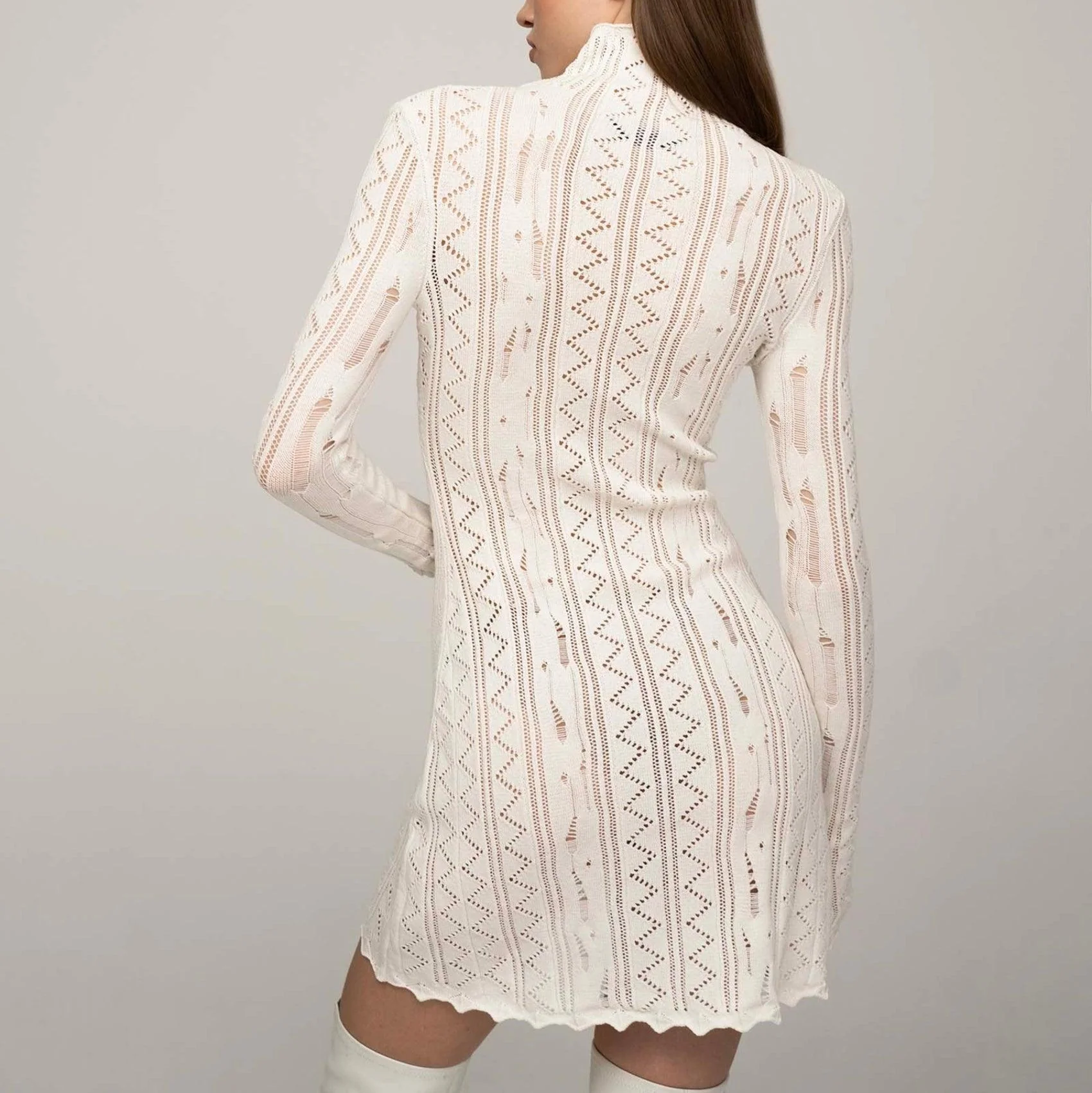 Chic White Knitted Mini Dress with Cut-Out Details
