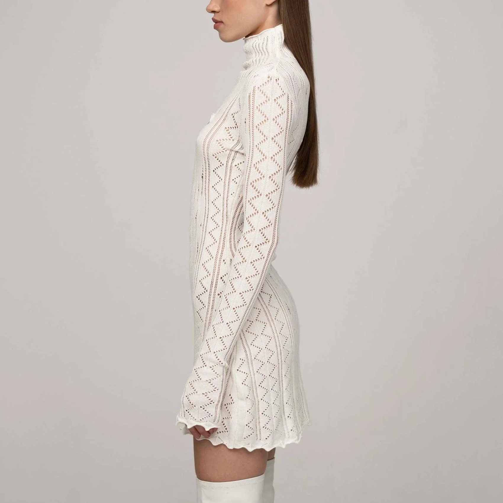 Chic White Knitted Mini Dress with Cut-Out Details