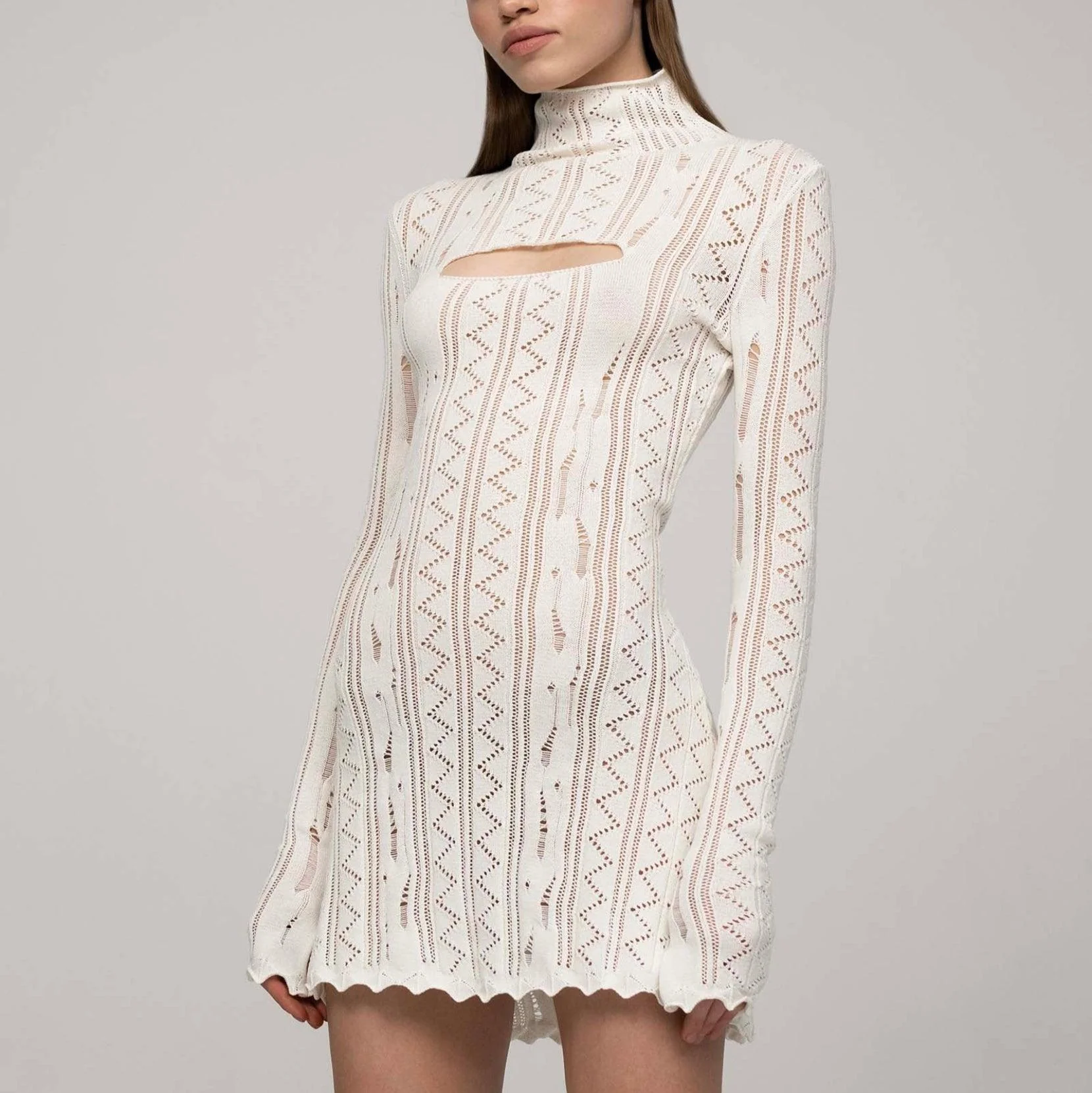 Chic White Knitted Mini Dress with Cut-Out Details