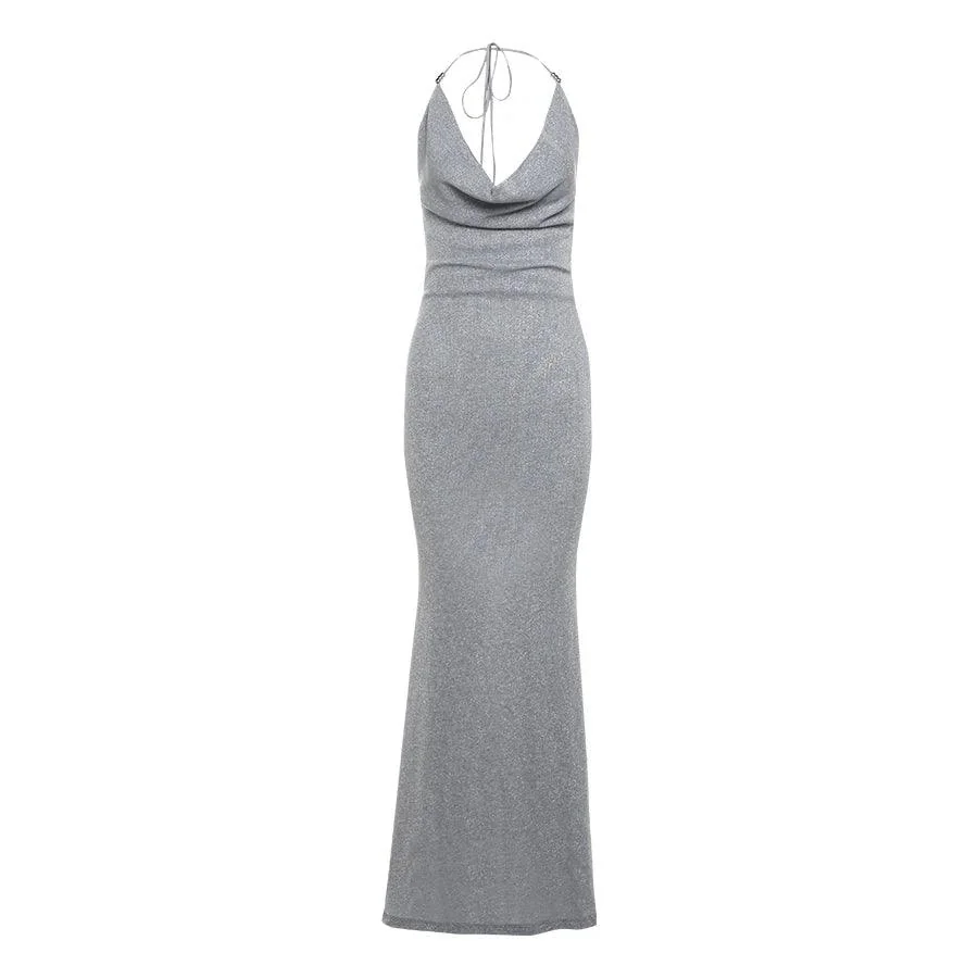 Silver Shimmering Open Back Maxi Dress - Elegant Cocktail Dress