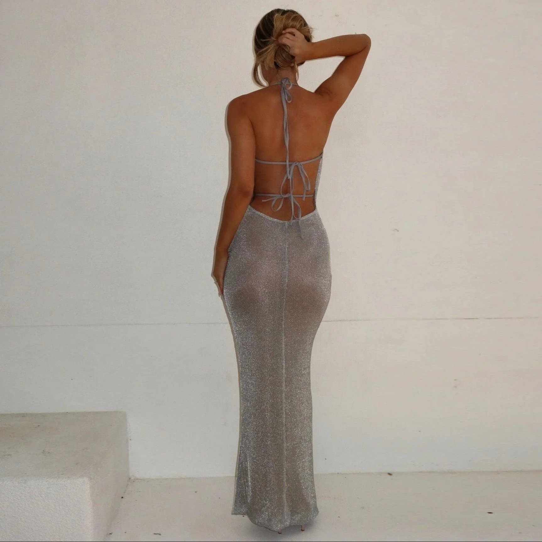 Silver Shimmering Open Back Maxi Dress - Elegant Cocktail Dress
