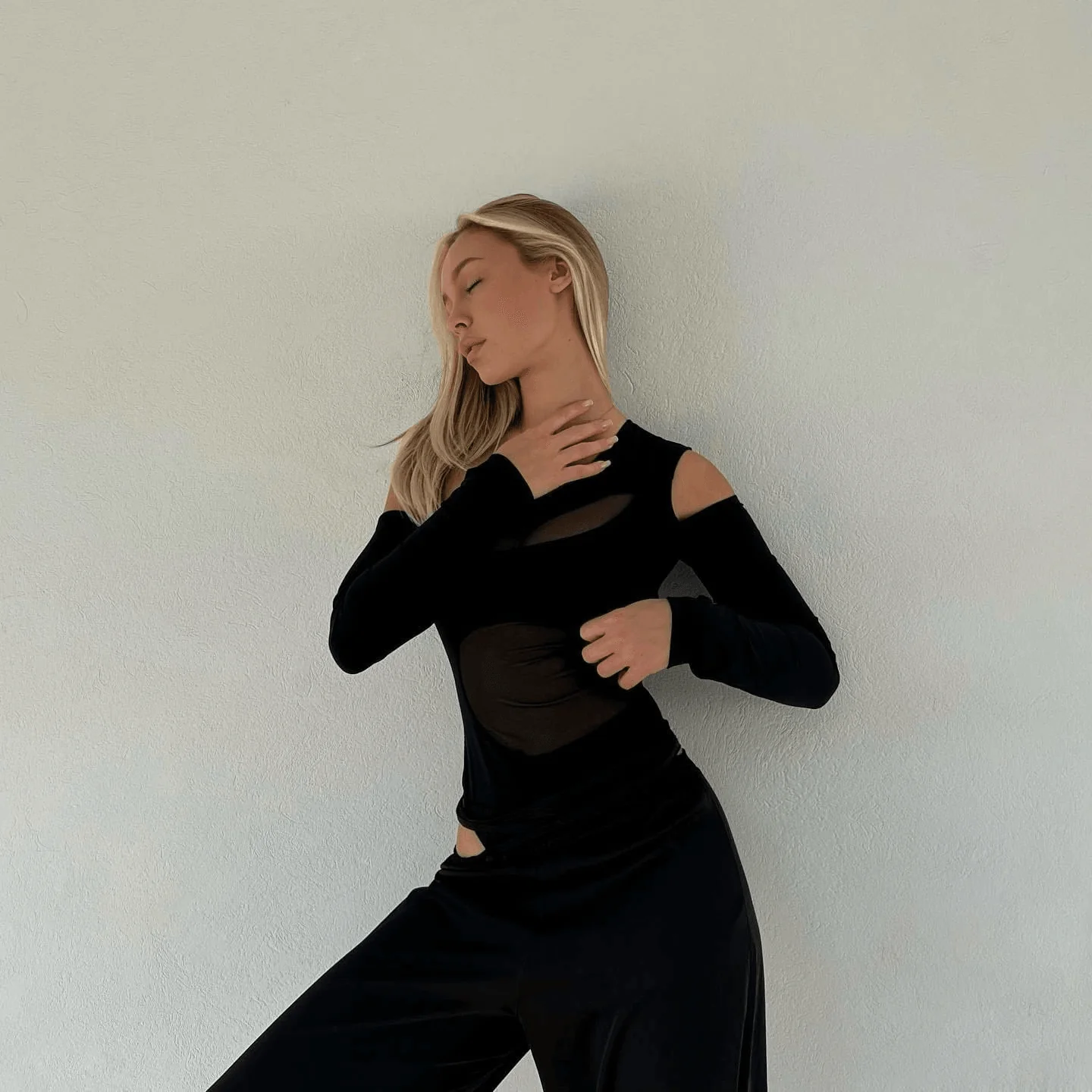 Sheer Mesh Asymmetric One-Shoulder Bodysuit in Black