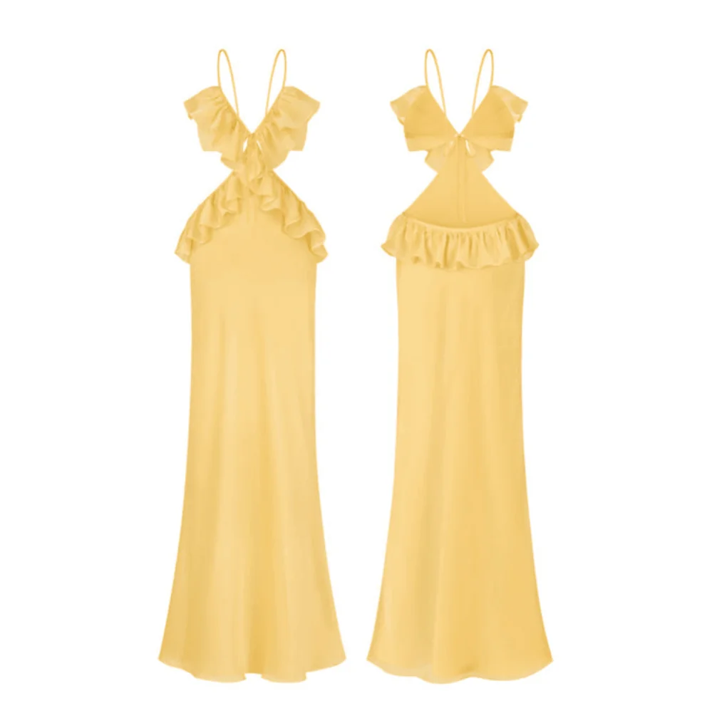 Ruffled Maxi Skirt Two-Piece Dress Yellow Thai Silk Chiffon Premium Satin