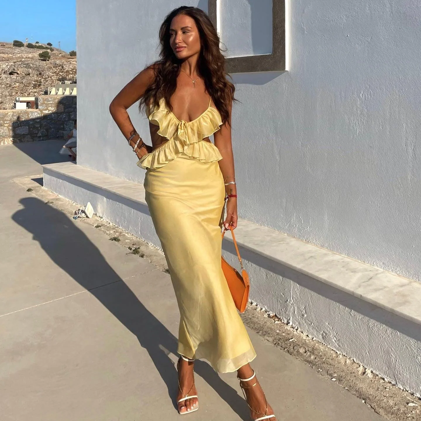 Ruffled Maxi Skirt Two-Piece Dress Yellow Thai Silk Chiffon Premium Satin