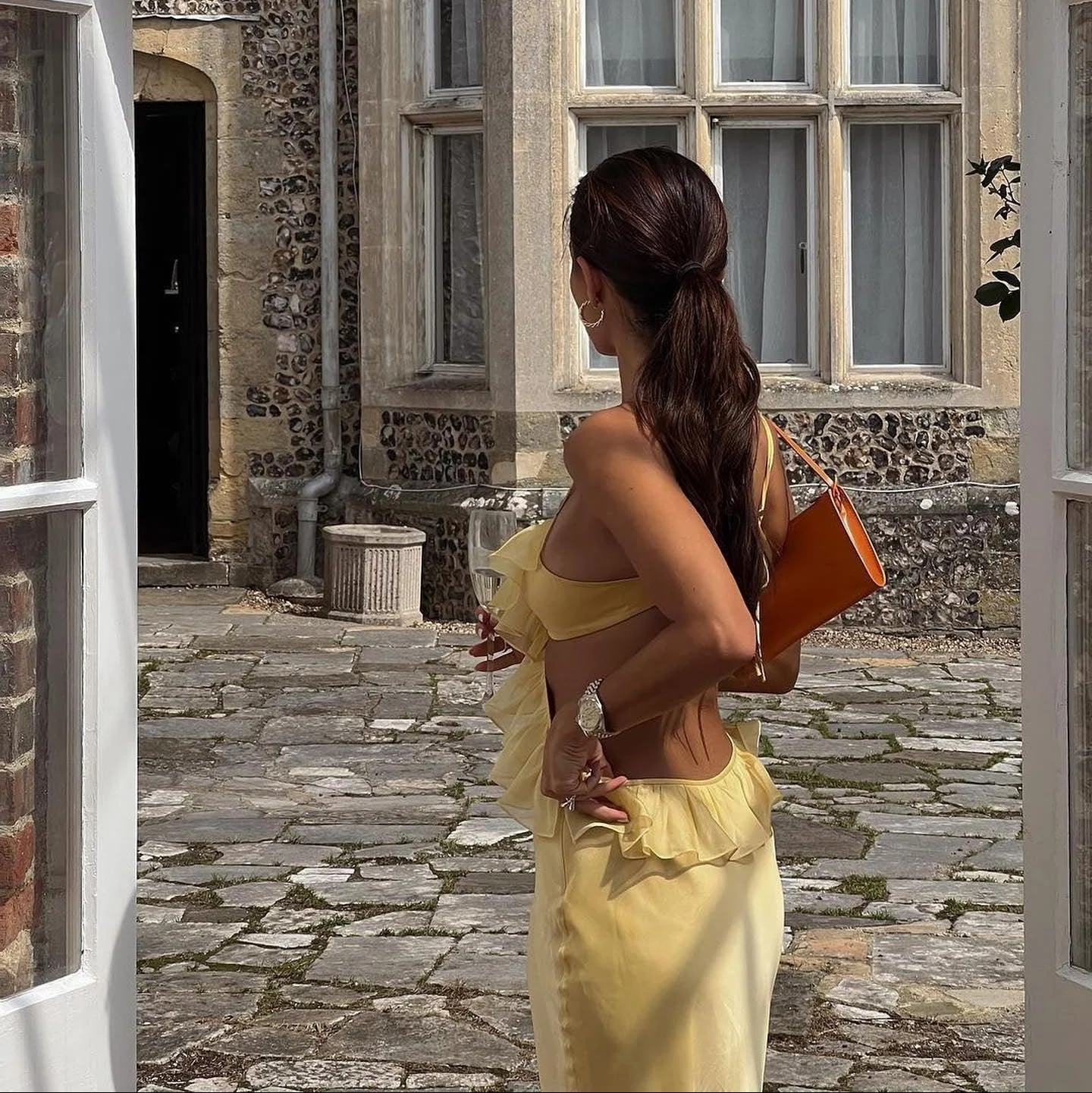 Ruffled Maxi Skirt Two-Piece Dress Yellow Thai Silk Chiffon Premium Satin