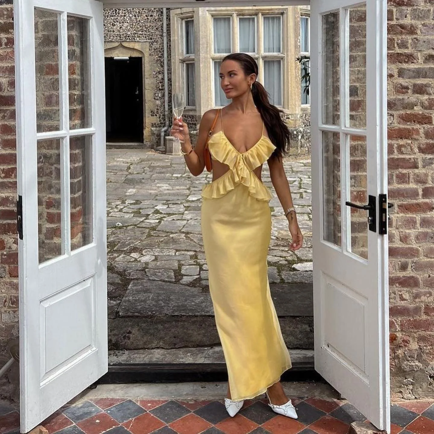 Ruffled Maxi Skirt Two-Piece Dress Yellow Thai Silk Chiffon Premium Satin