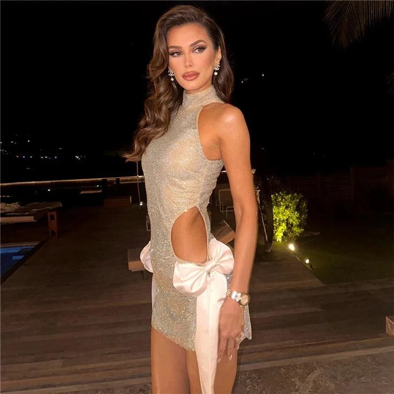 Glittery Bow Cut Out Mini Dress - Chic Elegance for Special Occasions