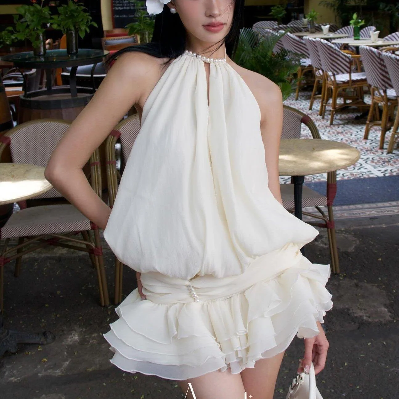 Ivory Halter Neck Pearl Embellished Mini Dress