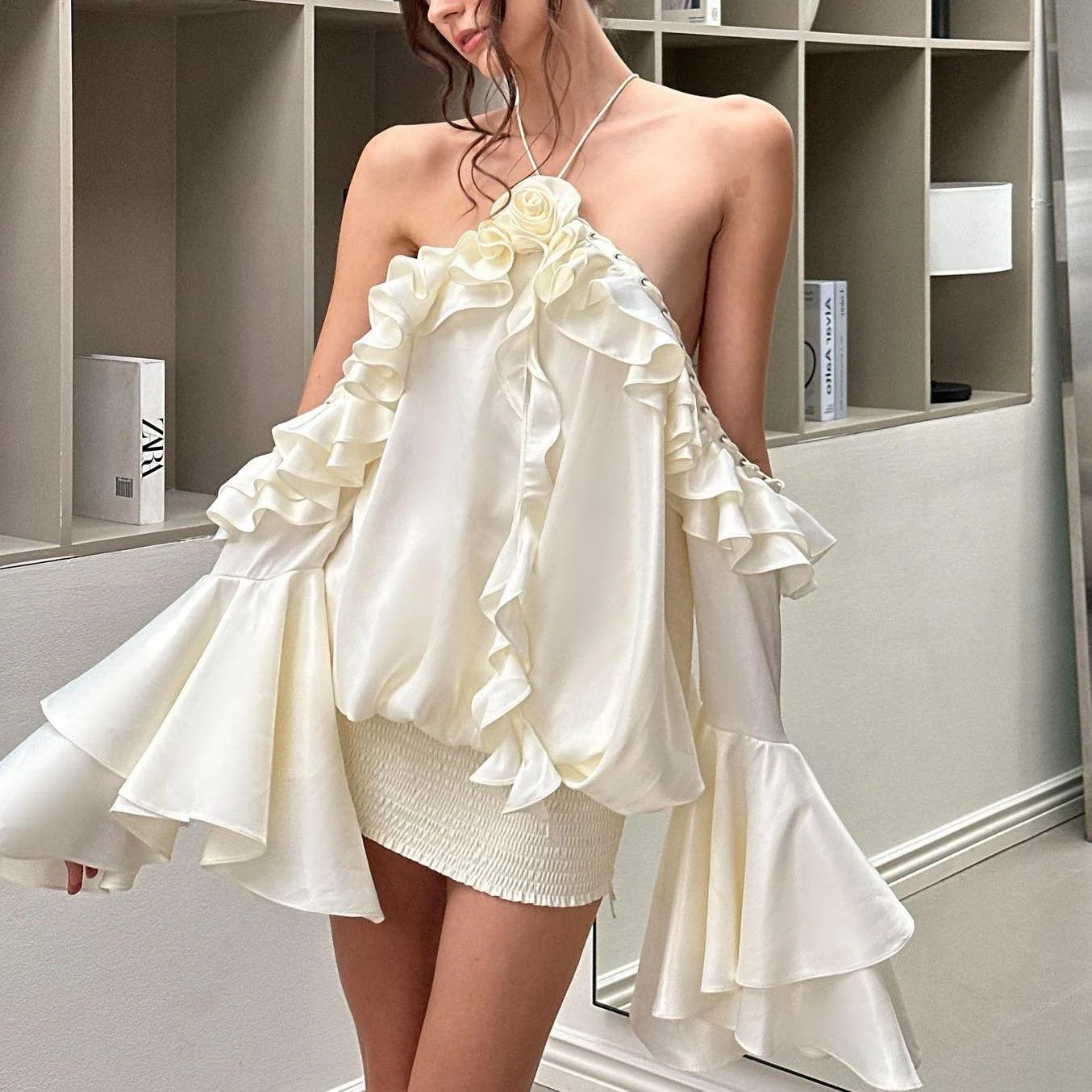Elegant Ivory Ruffle Halter Mini Dress