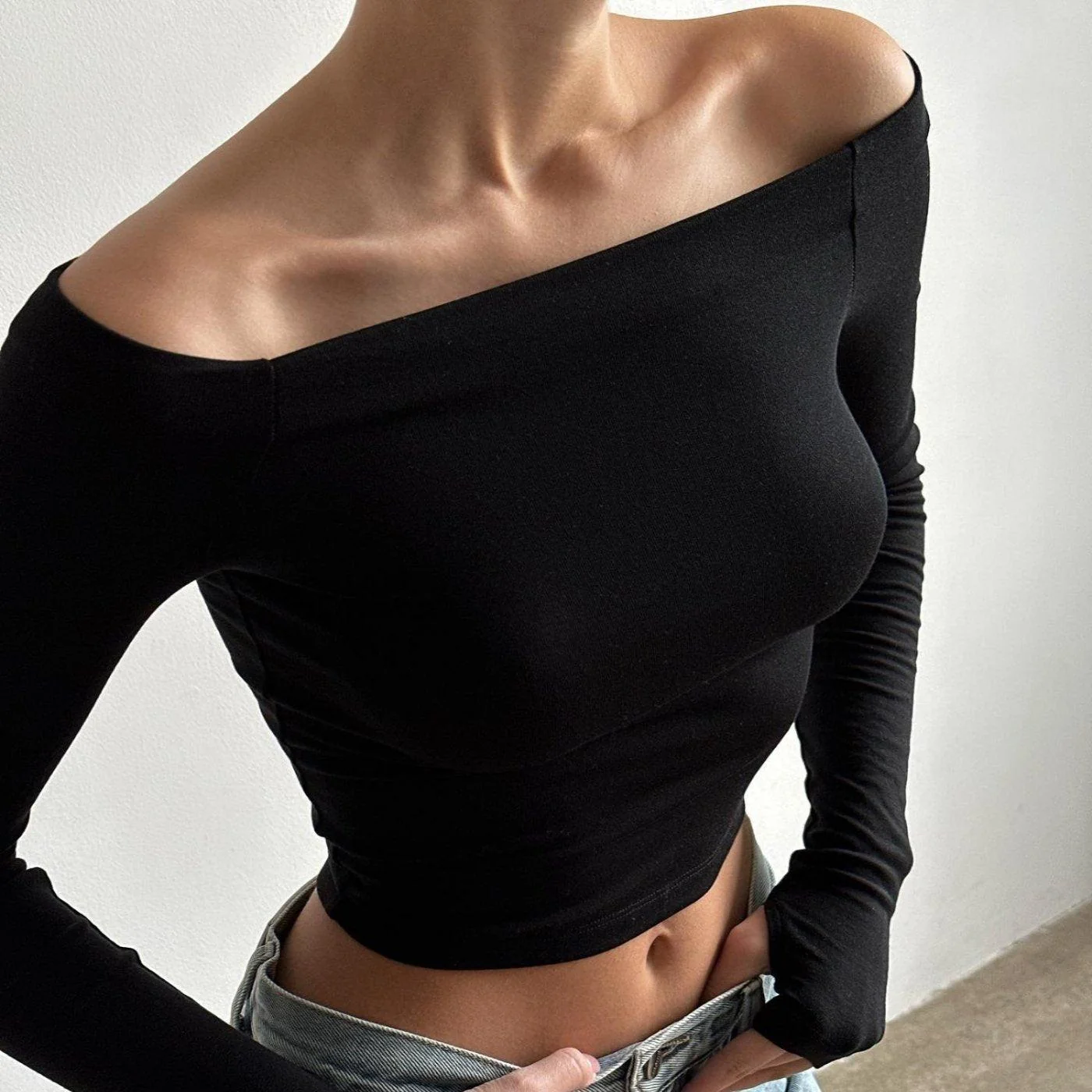 Chic Black Slash Neck Crop Top