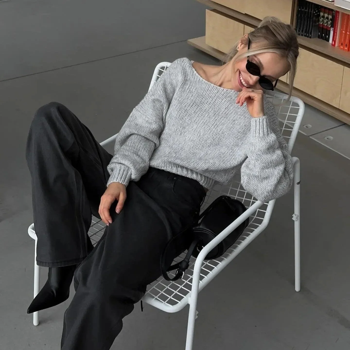 Gray Loose V-Neck Backless Sweater