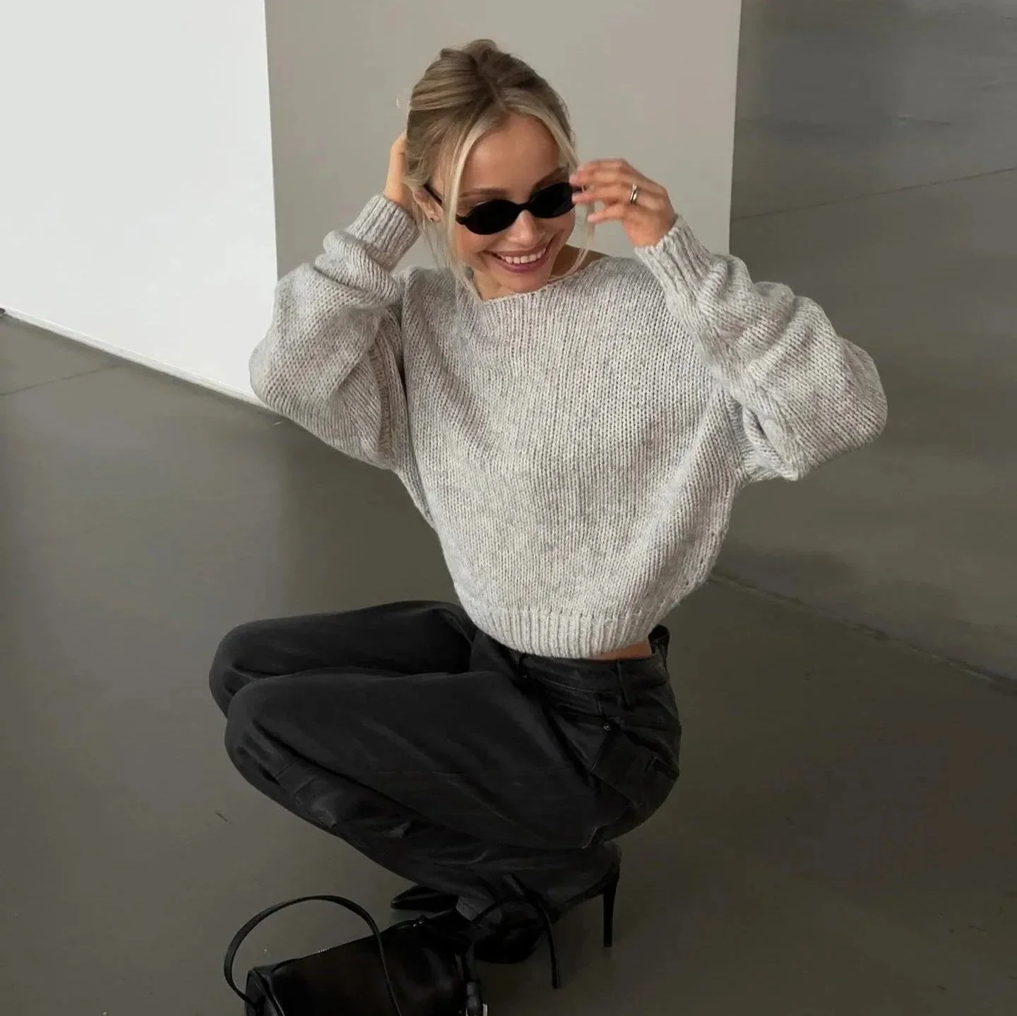 Gray Loose V-Neck Backless Sweater