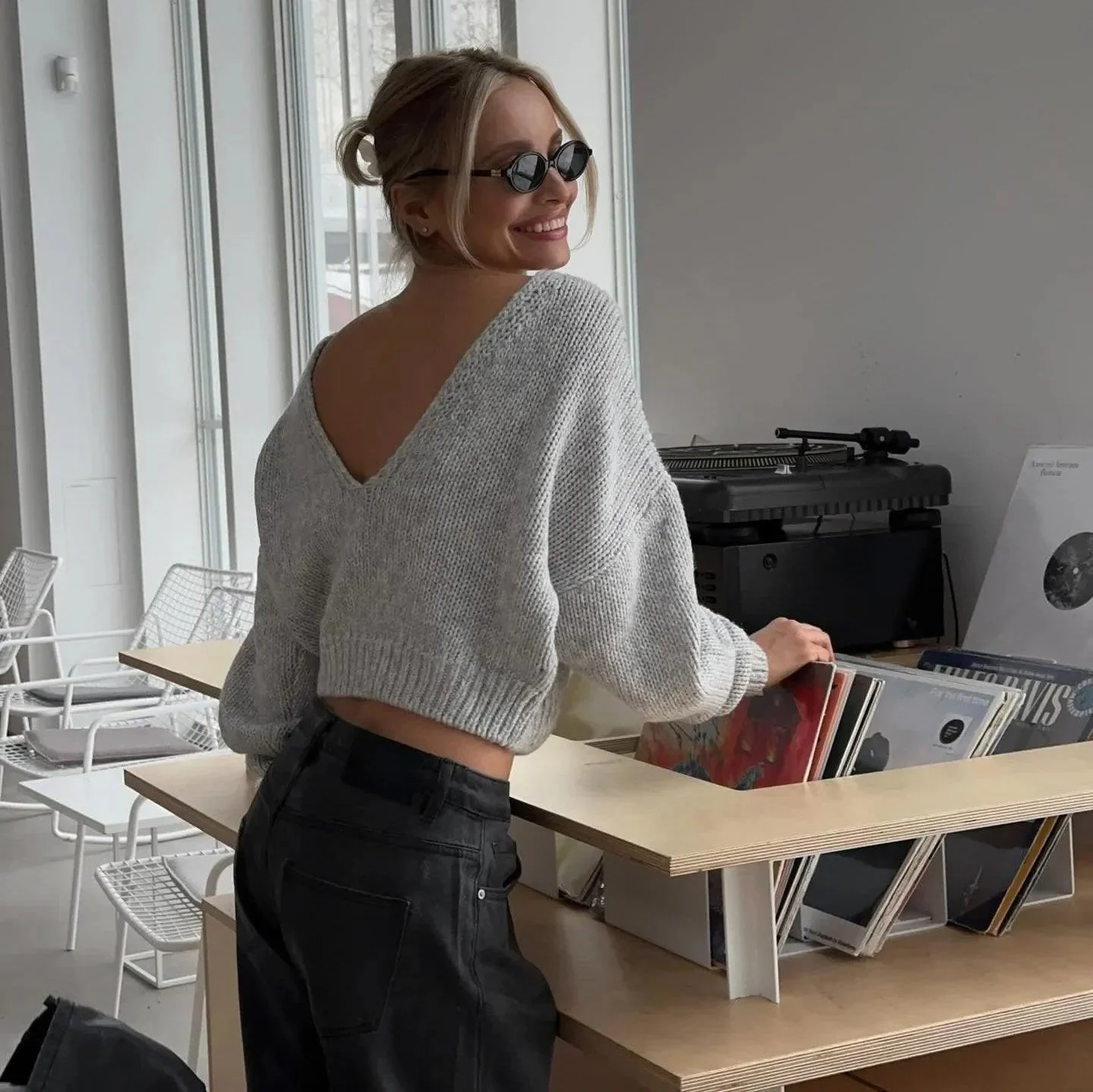 Gray Loose V-Neck Backless Sweater