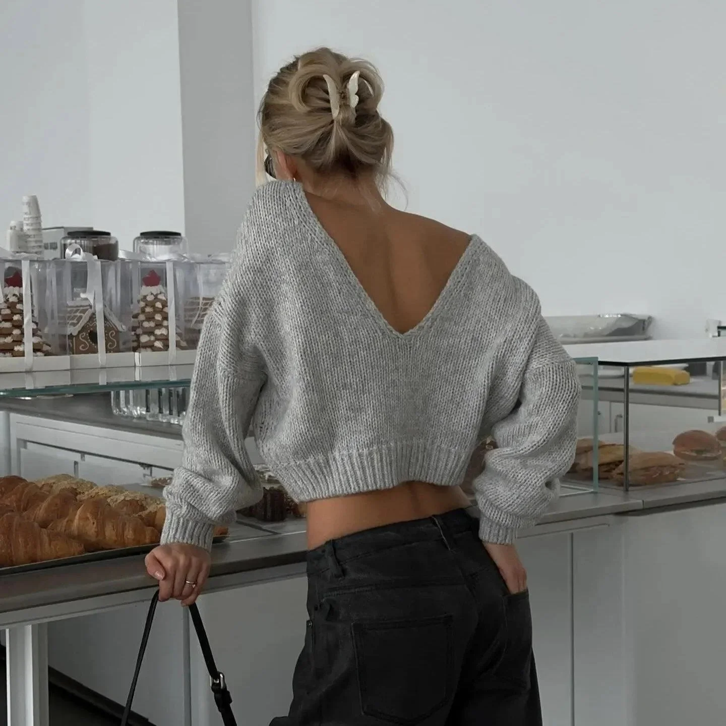 Gray Loose V-Neck Backless Sweater