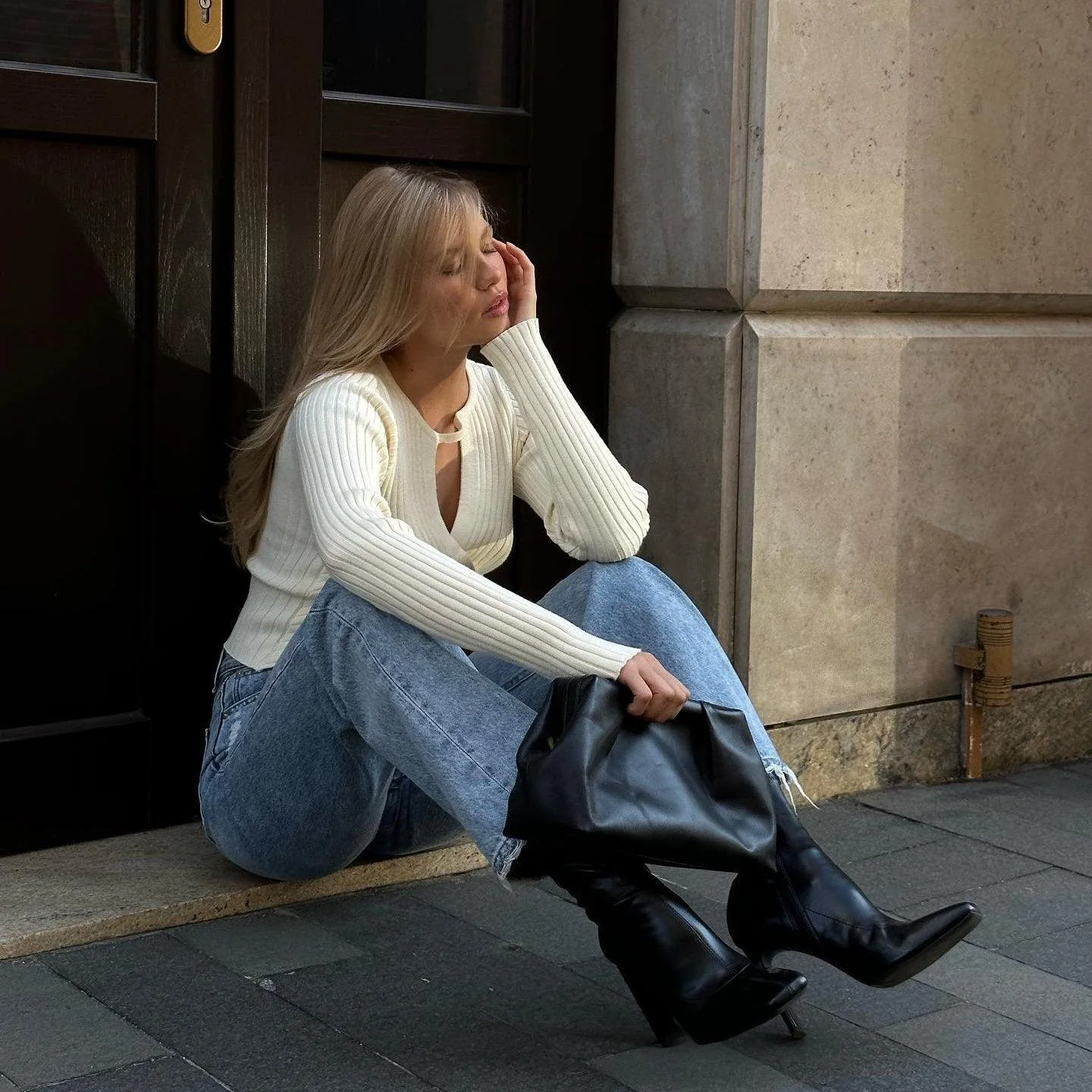 Ivory and Black V-Neck Ribbed Sweater