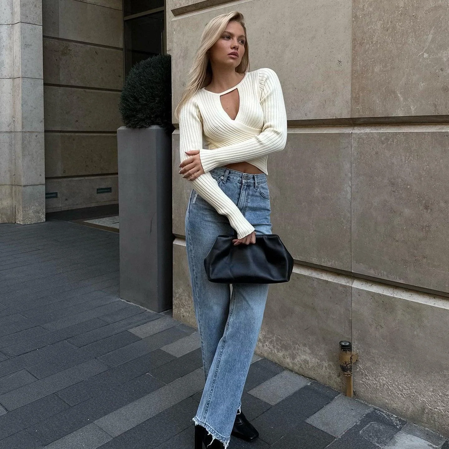 Ivory and Black V-Neck Ribbed Sweater