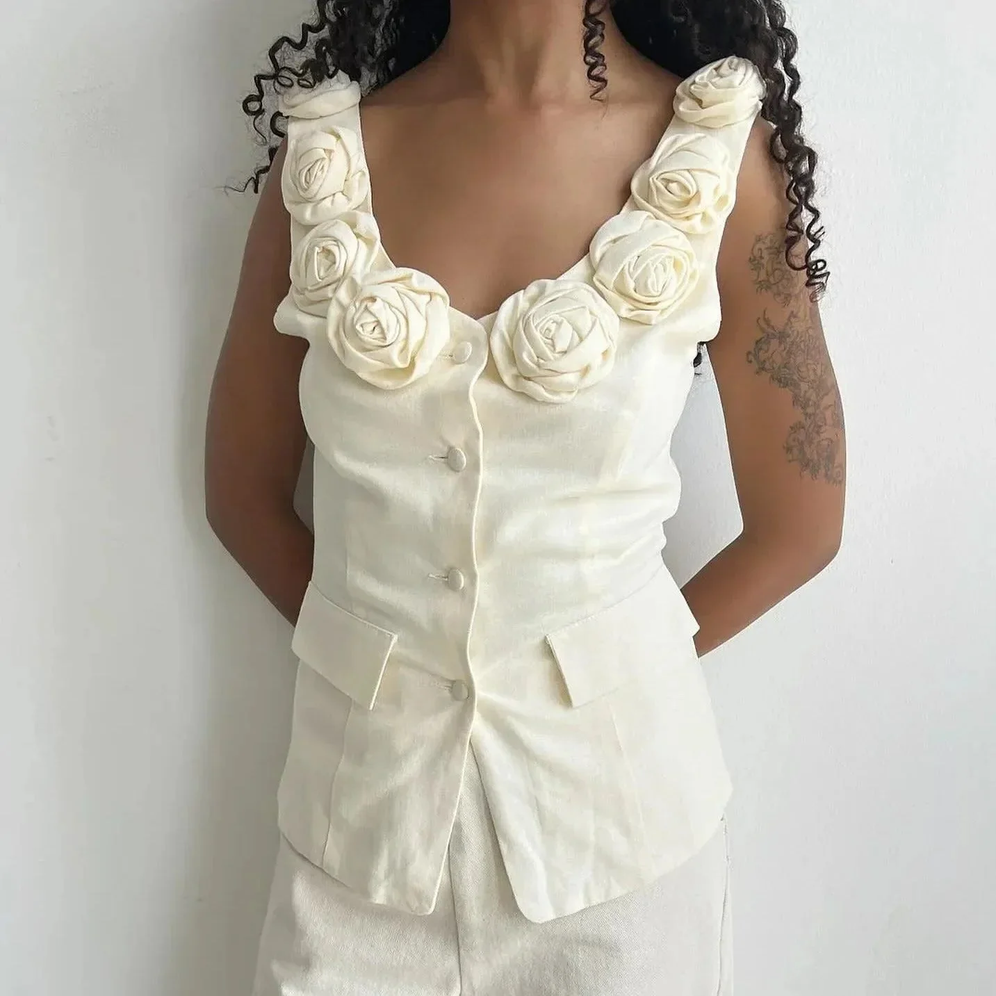 Button Linen Top in Ivory | Elegant V-Neckline Design